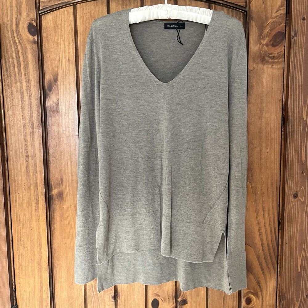 ZARA Knit Sweater Tunic V Neck Gray Hi Lo Lightweight M Wool? Blend NWOT *flaw